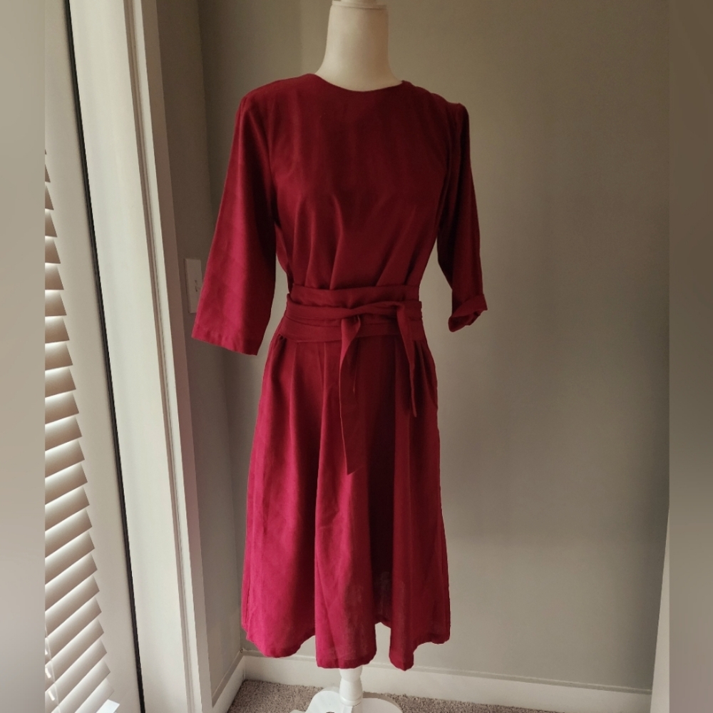 100% Linen Burgundy Dress Made In VIETNAM